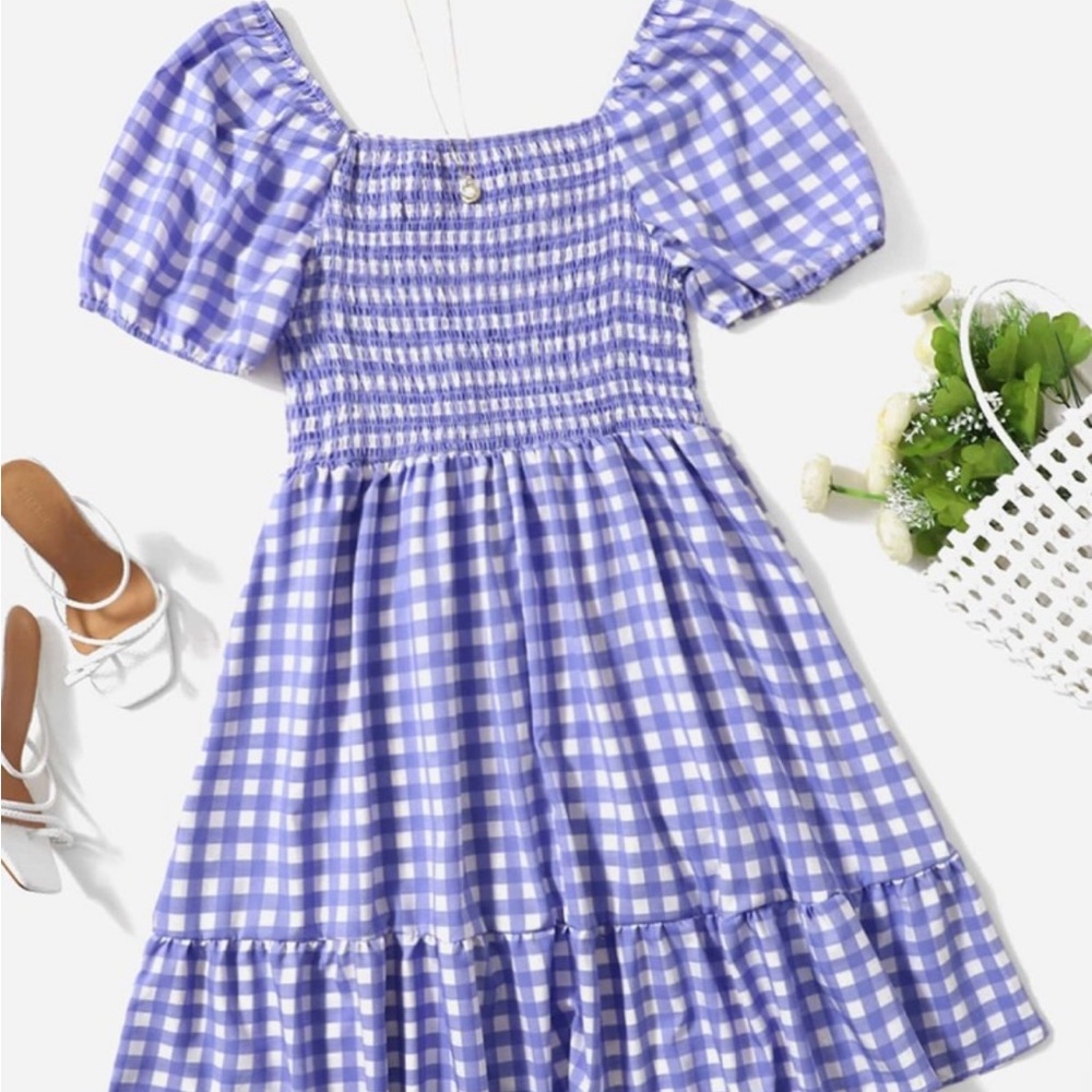 Gingham Shirred Puff Sleeve Ruffle Hem Dress